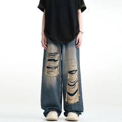 Threebooy Vintage ripped jeans men washed distressed loose wide legged straight leg floor length high street pants