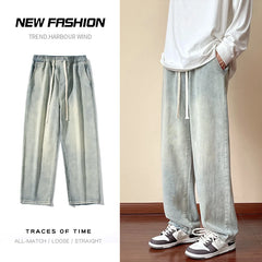 Threebooy Streetwear Men's Elastic Waist Wide Leg Baggy Jeans Korean Fashion New Autumn Retro Oversize Jeans Male Drawstring Design Pants