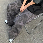 Threebooy men and women trendy and personalized straight tube spring/summer thin print loose couple retro wide leg casual pants