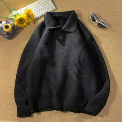 Threebooy Solid Color Polo Neck Sweater Men's Fashionable Winter Long-sleeved Sweater Japanese Retro Trend Couple Warm Coat Aesthetic