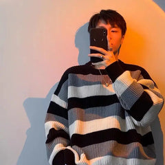 Threebooy Man Clothes Striped Long Knitted Sweaters for Men Brown Pullovers S 90s Vintage Y2k A Korean Autumn Jumpers Neck Overfit X