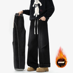 Winter fleece jeans men New thickened warm denim pants patchwork style High street casual jeans men's trend Elastic waist plus