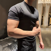 Threebooy Men's Elastic Slim Fit T-shirt Muscle Show Short Sleeve Top For Gym Home Highlight Chest Arm Muscles With High Neck Stripe Desig