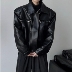 Threebooy 90s Streetwear Short Black Top Jacket for Spring and Autumn Men's Casual Lapel Thin Motorcycle Leather Jacket