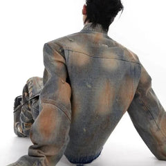 Threebooy Mens Denim Jacket Jeans Wilderness Construction Site Style Distressed Washed Holes Street Wear Fashion Versatile Men'S Wear