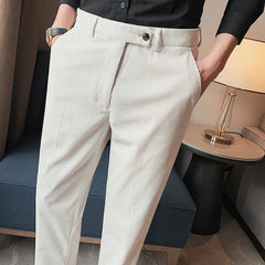 Threebooy Men's Luxury Corduroy Button-down Naples Slim-fit Suit Pants Casual Solid Color Straight Premium Elegant Dress Pants Spring