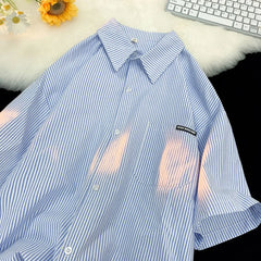 Threebooy Japanese Striped Fashionable Short-sleeved Shirt Men Summer Thin Fashion Loose and Versatile Student Casual Shirt Aesthetic