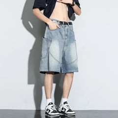 Threebooy Summer New Baggy Denim Shorts Fashion Casual Straight Harajuku Jeans Male Vintage Wash Drawstring Short Pants Streetwear