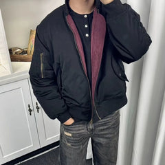 Threebooy Motorcycle Baseball Collar Cotton Coat Double-Sided Flight Jacket Spring Autumn Fashion Trend High Street Y2k Jacket Men