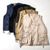 Threebooy Vintage High-end Couple Vest Autumn Hong Kong Style Loose Casual Top Men's Trendy Large-size Multi-pocket Vest Cargo Work Jacket