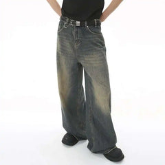 Threebooy Men's Vintage Jeans Fashion Washed Street Casual Wide Leg Denim Pants Summer Distressed Loose Male Versatile Trousers