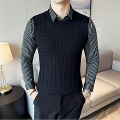 Threebooy Clothing Men Autumn Winter High Quality Knit Sweaters/Man Fashion Plaid Fake 2 Pieces Shirt Collar Pullover Sweater Vest