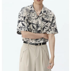 Threebooy Fashionable Temperament Ink Printing Shirt Men's Summer Loose Short-sleeved Retro Hong Kong Style Floral Design Top