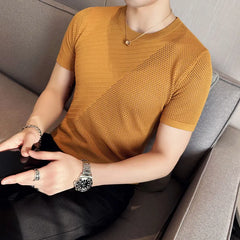 Threebooy Korean Style Men's Summer Casual Short Sleeve Knitted T-shirt/Male Ice Silk Hollow Out Round Neck T-shirt S-3XL