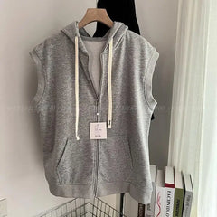 Threebooy Hooded Vest Jacket American Casual Sports Vest Men Women Korean Streetwear 2025 Trendy Loose Sleeveless Zipper Cardigan