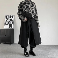 Threebooy Mens Y2k Culottes Layered Stitching Ribbon Samurai Pants Hakama Genderless Fashion Streetwear Casual Leggings Pants Unisex