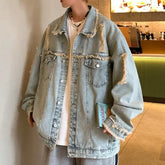 Threebooy Men's Ripped Denim Jacket Autumn American Retro Washed Hip Hop Streetwear Cool Trendy Loose Casual Jacket Button Up Jeans Coat