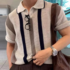 Threebooy Men's Clothing Fashion Tops Light Luxury Korean Popular Hollow Out Polo Shirt Leisure Short Sleeve Solid Color Striped Knitwear