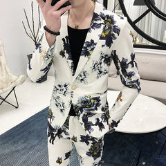 Threebooy (Jackets+Pants) Men's Spring Printed Business Blazers/Male Slim Fit Casual Suit of Two Pieces Groom's Wedding Dress S-3XL