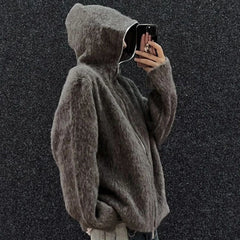 Threebooy Korean Fashion Cardigan Casual Loose Zipper Hooded Jacket 2025 Spring Autumn New Plush High-End Street Hip-Hop Y2k Jacket Men