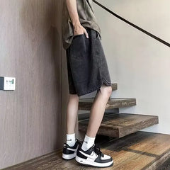 Threebooy Summer Men's Straight Drawstring Denim Shorts Elastic Waist Washed Loose Short Jeans Stretch Hip Hop Clothing Male Shorts