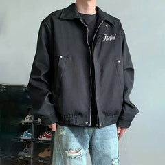 Threebooy Mens Streetwear Letter Embroidery Work Jacket Autumn Youth Campus Fashion Casual Versatile Couple Jacket Men'S Clothing
