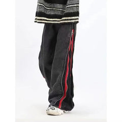 Threebooy Summer American Street Trendy Hip Hop Black and Red Double Zipper Washed Jeans for Men and Women Loose Wide Leg Casual Pants y2k