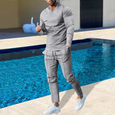 Threebooy Autumn New Large Men's Solid Henley Shirt Long Sleeve Pants Set Trend Stock