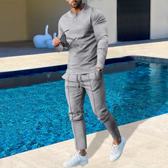 Threebooy Autumn New Large Men's Solid Henley Shirt Long Sleeve Pants Set Trend Stock