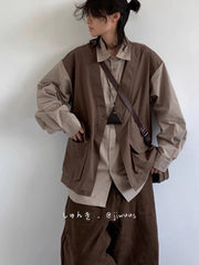 Threebooy Japanese Style Dressing Retro Fake Two-piece Vest Long-sleeved Work Shirt American Fashion Men Casual Loose Shirt Trendy Jacket