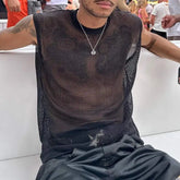 Threebooy Summer Men's Clothing Luxury Knit Hollw Out Tank Tops O Neck Sleeveless Mesh Sexy Solid Color Party Vest Breathable Knitwear