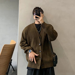 Threebooy Autumn Men's Luxury Knitted Solid Color Buttons Cardigan Sweater Long Sleeve Casual Streetwear Loose Stylish Leisure Coat