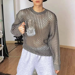 Threebooy High-End Hollow Round Neck Sweater Mens Spring And Autumn New Loose Knitted Sweater Design Niche Long-Sleeved Outerwear Tops Men