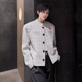 Threebooy Bold Woolen Plaid Suit Jacket Men Spring Autumn Silhouette American Shoulder Pad Jacket Short Black White Suit Top