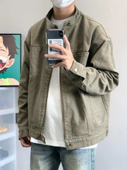 Threebooy Spring Autumn Vintage Coat American Retro Heavy Washing Canvas High-end Jacket Men's Stand-up Collar Design Casual Jacket Chic