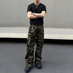 Threebooy Mens Denim Trousers Vintage American Retro High Street Camouflage Functional Design Straight Durable Versatile Trousers Summer