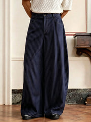 Threebooy Men's Vintage Pinstripe Baggy Wide Leg Pants 97% Polyester 3% Elastane Pleated High Waist Business Casual Black Navy Trousers