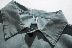 Threebooy Summer Denim Short Sleeve Shirts Men Streetwear Hip Hop Splicing Jeans Shirt Oversized Harajuku Washed Cargo Casual Blouse Male