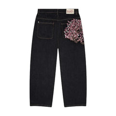 Threebooy Y2K Goth vintage jeans plum blossom embroidery Harajuku pattern denim fabric wide leg pants American style men women street wear