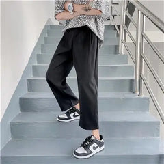 Threebooy Loose Draped Men's Summer Hong Kong Style Korean Style Trendy Straight Trousers Versatile Solid Color Casual Nine-point Pants