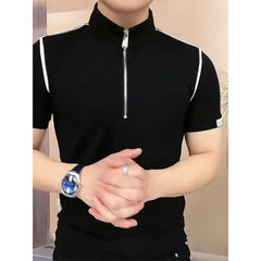 Threebooy Trendy Men's Short-sleeved Stand-up Collar Zipper Front Shoulder Contrast T-shirt Polo Shirt Light Luxury Summer Mint
