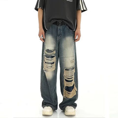 Threebooy Hole Patchwork Baggy Jeans Man Pants American Vintage Straight Wide Leg Pants Hip Hop Street Punk Y2k Jeans Loose Denim Trousers