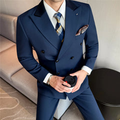 Threebooy High-quality men's two-piece set, spring and autumn thick double-breasted striped patchwork suit business casual suit set