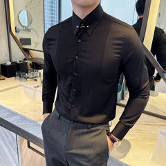 Threebooy Clothing New Fashion Cotton Long Sleeve Shirt Solid Regular Fit Male Social Casual Business White Black Dress Shirts 3XL