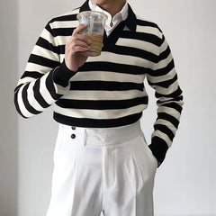 Threebooy American Chic Striped Men Polo Sweater Luxury Trendy Business V Neck Knit Solid Color Pullover Leisure Slim Long Sleeve Knitwear