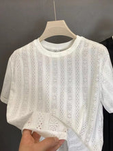 Threebooy Korean Style Fashion Ice Silk Mesh Short-sleeved T-shirt Hollow Knitted Solid Color Round Neck T-shirt Loose Breathable Top
