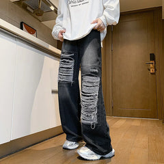 Threebooy Straight Trousers Wide Pants Ripped Jeans Streetwear American Vintage Luxury Man Jeans Baggy New Men's Clothing