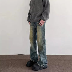 Threebooy Vintage American Style Men's Straight-Leg Slimming Long Jeans Distressed Washing Denim Pants Trendy Brand Bootcut Pants