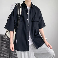 Threebooy Working Pocket Solid Color Pure Cotton Short-sleeved Shirt Fashionable Summer Lapel Button Functional Half-sleeved Cardigan