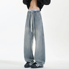 Threebooy New Men's Jeans Washed Jeans Pants Unisex Drawstring Denim Pants Male Streetwear Korean Straight cylinder loose Cowboy Trousers
